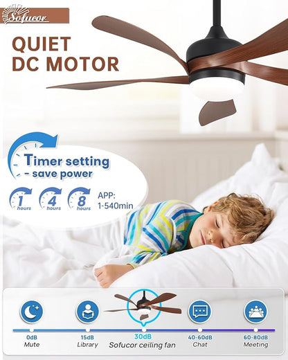 Sofucor 45" Smart Ceiling Fan, Indoor/Outdoor Ceiling Fans with Lights and Remote, Compatible with Alexa/Google/App, 3-Color Light 6-Speed Timing Reversible DC Motor for Bedroom Living Room Patio