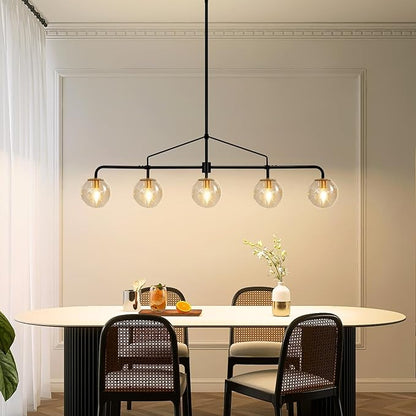 Linear Chandelier for Dining Room 39 Inch Kitchen Island Chandelier Black and Gold Modern 5 Lights Seeded Glass Globe Linear Pendant Light for Farmhouse, Living Room