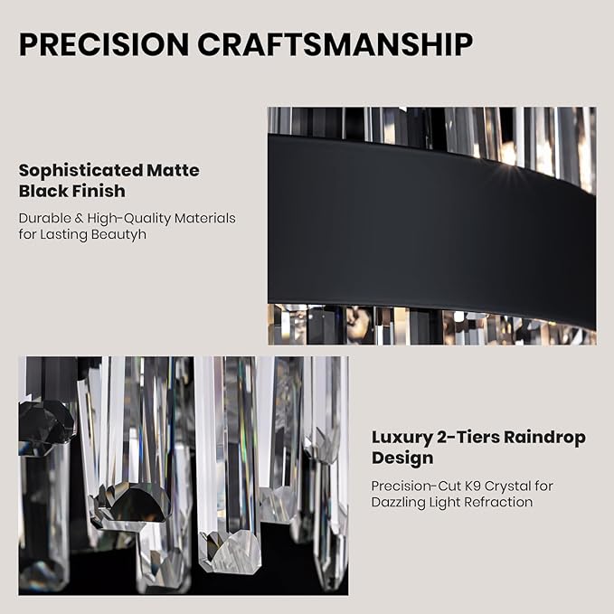 12-Light Modern Crystal Chandelier for Dining Room, Black Round Flush Mount Ceiling Light, Luxury 2-Tiers K9 Crystal Raindrop Chandelier for Living Room Entryway Foyer Bathroom D23.6''