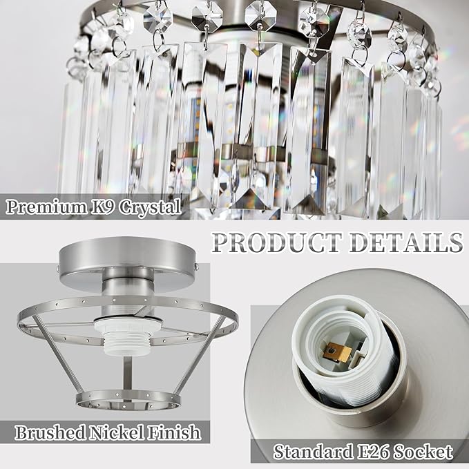 Crystal Ceiling Chandelier,Mini Chandelier Light Fixture with K9 Crystals,Brushed Nickel Finish for Living Room Entryway Bedroom Laundry Room,1-Light E26 Base