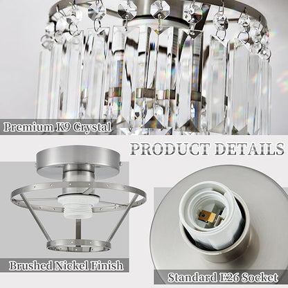 Crystal Ceiling Chandelier,Mini Chandelier Light Fixture with K9 Crystals,Brushed Nickel Finish for Living Room Entryway Bedroom Laundry Room,1-Light E26 Base
