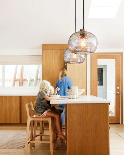 CASAMOTION Handblown Glass Pendant Lighting Drop Ceiling Lights, Modern Rustic Hanging Light Clear Seeded Glass with Black Marble, Brushed Nickel Finish, 8.7 Inch Diameter