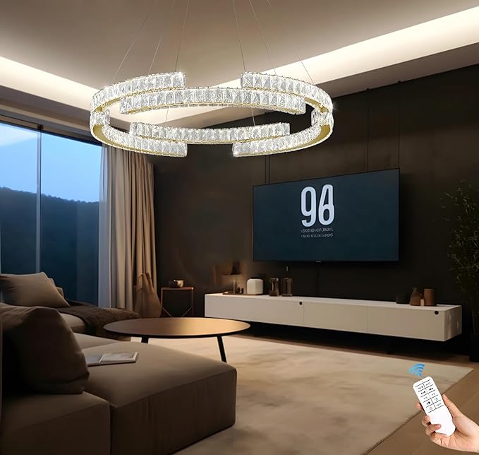 Modern LED Gold Ring Chandelier for Living Room Dinning Room 32in Crystal Ring Pendant Light Dimmable 3000k-6000k