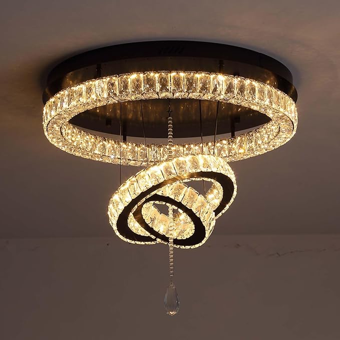 Flashing God Modern Crystal Chandelier Bedroom Chandeliers Flush Mount Ceiling Chandelier Light Fixture for Dining Room Entrance LED Dimmable Black Ring Chandeliers