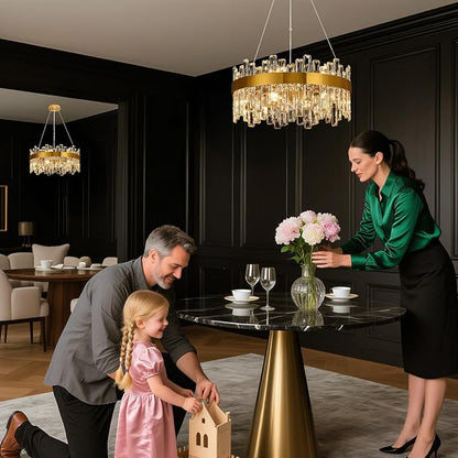 Crystal Chandeliers for Dining Room Lights Fixtures, 12 Lights Luxury Gold Modern Chandeliers for Bedroom, 2-Tier Round Crystal Lighting Fixtures for Living Room Entryway Kitchen Island D20 Inch