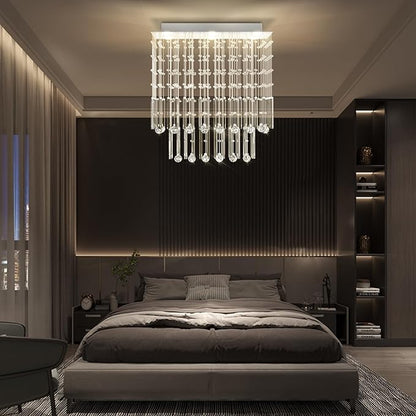 Flashing God D24''XH28'' Rectangular Crystal Chandelier SilverRectangle Pendant Ceiling Light Fixture Raindrop Chandelier for Dining Room Living Room Kitchen Island Bar