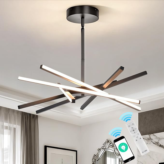 Modern Black Chandeliers Ceiling 36W LED Pendant Light Embedded Mount Chandeliers，LED 6-Lights Linear Pendant Light for Kitchen Island Dining Room Bedroom Living Room Entryway，L23.62"*0.59"/6