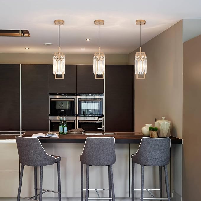 Modern Gold Pendant Light Fixtures for Kitchen Island and Dining Room, Industrial Small Hanging Crystal Chandelier Light Fixture for Bedroom Entryway Living Room Foyer Hallway 3-Pack