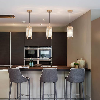 Modern Gold Pendant Light Fixtures for Kitchen Island and Dining Room, Industrial Small Hanging Crystal Chandelier Light Fixture for Bedroom Entryway Living Room Foyer Hallway 3-Pack
