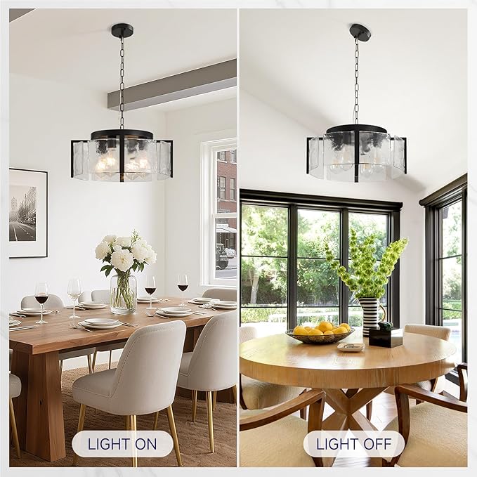 Modern Black Chandeliers for Dining Room: 17.7'' Drum Textured Glass Foyer Chandelier - Vintage Farmhouse kitchen Chandeliers Over Table - Rustic Hanging Light Fixture for Bedroom Living Room Entryway