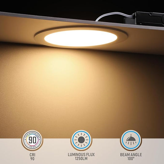 TORCHSTAR Premium Series 8 Inch Ultra-Thin LED Recessed Ceiling Light with J-Box, 18W 10%-100% Dimmable Recessed Downlight, Aluminum, 3000K Warm White, CRI90, ETL & ES Listed, White, Pack of 6