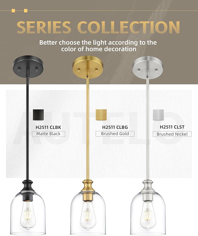 AUTELO Brushed Nickel Pendant Lights, 1-Light Kitchen Pendant Lighting with Clear Cylinder Glass, Modern Pendant Lights Kitchen Island with Adjustable Rods, H2511 CLST
