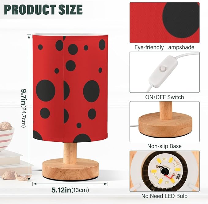 Ladybug Pattern Black Spots on Red Table Lamp with Wood Base Fabric Lamp Shade Bedside Nightstand Desk Lamp for Living Room Bedroom Kids Room Office