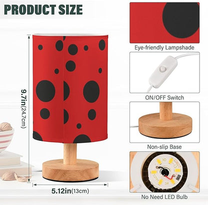 Ladybug Pattern Black Spots on Red Table Lamp with Wood Base Fabric Lamp Shade Bedside Nightstand Desk Lamp for Living Room Bedroom Kids Room Office