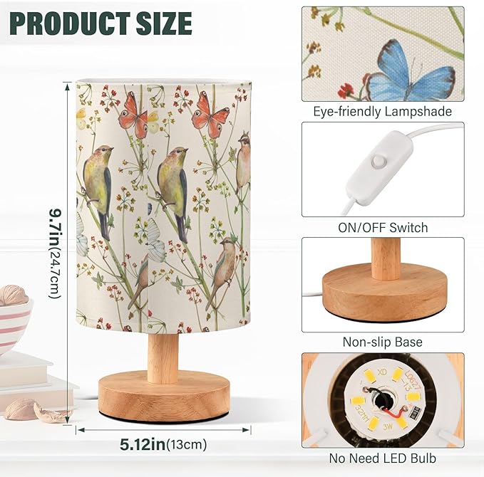 Bedside Table Lamp Vintage Butterfly Bird Nightstand Lamp with Wood Animal Flower Desk Lamps for Bedroom Living Room Nursery Office Home Decor