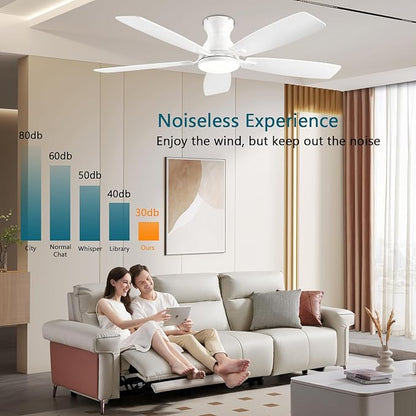JSAITEE Ceiling Fans with Lights, 52 Inch Low Profile Ceiling Fan with Light and Remote Control, Flush Mount, DC Reversible Motor, Noiseless, White 6 Speeds Ceiling Fan for Bedroom
