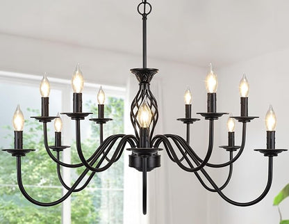 12-Light Farmhouse Candle Chandelier for Living Room, Rustic Industrial Pendant Ceiling Light fixture, Vintage Hanging Lamp for Bedroom Hallway Kitchen Dining Room Foyer, Matte Black E12 Socket