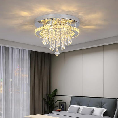 Deckrico Modern K9 Crystal Chandelier 3 LED Lights Stainless Steel Pendant Lamp Flush Mount Light Fixtures for Dining Room Bathroom Bedroom Living Room (Warm White)
