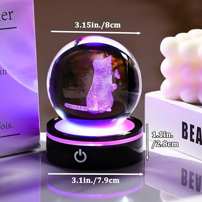 YWHL 3D Crystal Ball Cat Gifts for Women, Laser Cat and Butterfly Figurine with LED Base, Cat Ornament Glass Decorative Ball Globe Night Light (80mm)