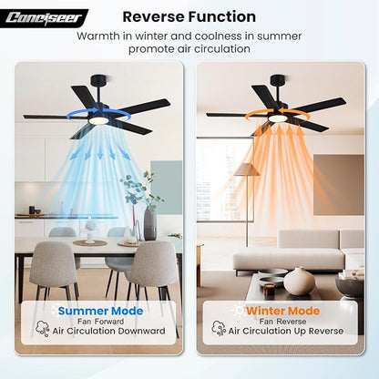 Conciseer Modern Ceiling Fans with Lights,52 Inch Ceiling Fans with Remote for Bedroom Living Room Kitchen, 18W 6CCT Dimmable，5 Blades 6 Speed Reversible Quiet DC Motor Black
