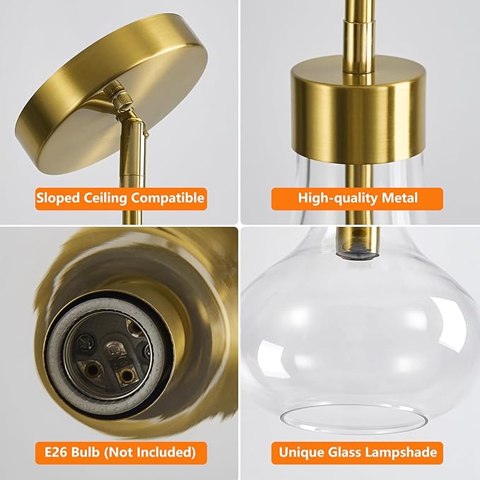 Modern Glass Pendant Light 9.44 in Clear Glass Shade Gold Farmhouse Island Pendant Lights for Kitchen Pendant Lighting Over Sink Bedroom Dining Room