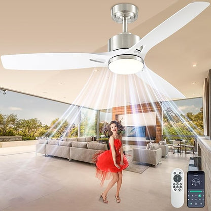 DIAMONDFORGE 52 Inch Ceiling Fans with Lights and Remote Control - Outdoor Indoor Flush Mount Low Profile Silver White Ceiling Fans for Living Room,Bedroom,Patio