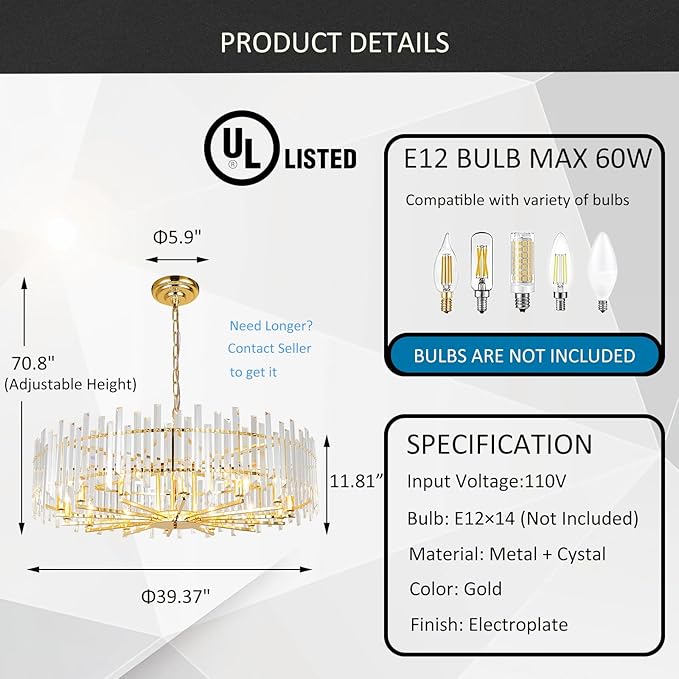 Gold Crystal Chandeliers for Dining Room, 39.4" Modern Round Chandelier Large Adjustable Height Ceiling Hanging Pendant Light Fixture for Dining Living Room Bedroom