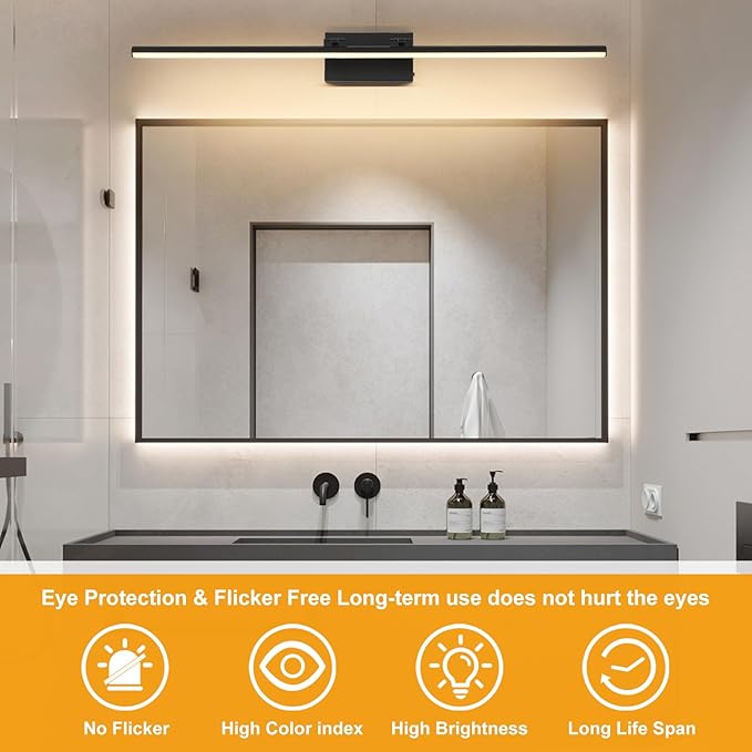 LED Bathroom Vanity Light, Modern Bathroom Light Fixture Over Mirror (3000K/4000K/6000K, Dimmable), Vanity Light Bar with Angle Adjustable, 40 Inch, Black