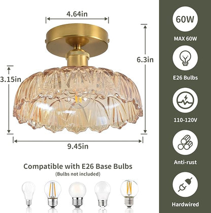 Semi Flush Mount Ceiling Light Mid Century Modern Floral Amber Glass Shade, Close to Ceiling Lighting Fixtures for Bedroom, Bathroom, Kitchen, Closet Laundry Room, Foyer and Hallway 9.45 in