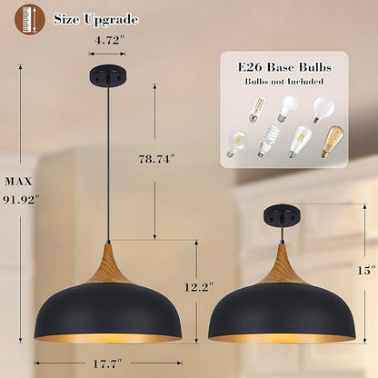 Black Farmhouse Dome Pendant Light 17.7" Large Vintage Pendant Light Fixtures Hanging Wooden Pendant Lighting for Kitchen Island Dining Room Living Room Foyer Hallway