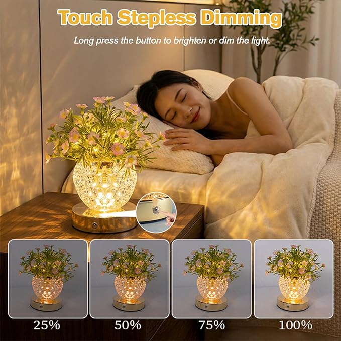 Flower Table Lamp, 3 Colors Touch Dimming Daisy Night Light, Rechargeable Artificial Flower Light, LED Flower with Vase Lamp Romantic Decor for Date Party Home (Pink-Heronsbill)