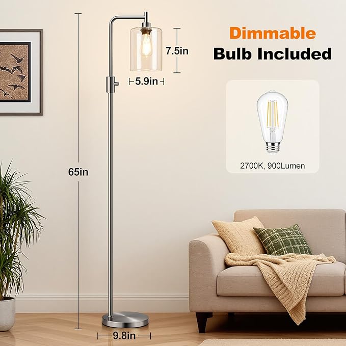 【Upgraded】Dimmable Floor Lamp for Living Room with Glass Lampshade, Brushed Nickel Modern Floor Lamp with 900LM LED Bulb Included, Bright Standing Tall Lamp for Bedroom, Office, Reading Room, Corner