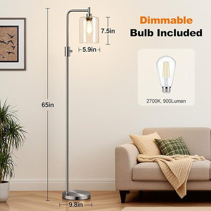【Upgraded】Dimmable Floor Lamp for Living Room with Glass Lampshade, Brushed Nickel Modern Floor Lamp with 900LM LED Bulb Included, Bright Standing Tall Lamp for Bedroom, Office, Reading Room, Corner