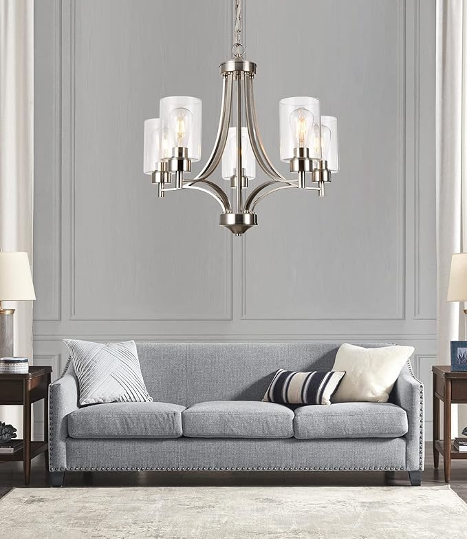 BOZO 5-Light Brushed Nickel Chandelier Modern Dining Room Lighting Fixtures Kitchen Over Table Pendant Lighting for Foyer Bedroom Bathroom Hallway with Clear Glass Shade