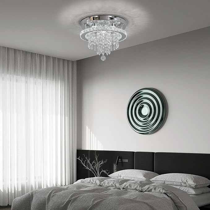 Deckrico Modern Crystal Chandelier 11.8" LED Ceiling Light Chrome Flush Mount Lighting Fixture for Bedroom, Hallway, Kitchen, Dining Room – Cool White