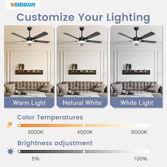 VOLISUN Ceiling Fan with Light, 52 inch Flush Mount Ceiling Fan with Lights and Remote, Dimmable LED Fan Light, Low Profile Ceiling Fan, Black Modern Ceiling Fan for Bedroom, Indoor/Outdoor