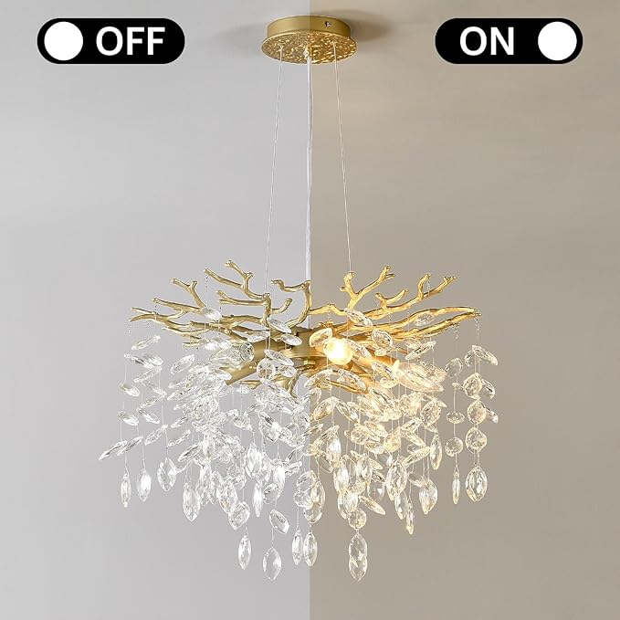 EGM Gold Tree Branch Crystal Chandelier 18-Inch, Crystal Chandelier for Dining Room 6-Light, Hanging Round Raindrop Chandeliers for Living Room E12