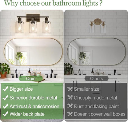 Indoi 3 Light Bathroom Light Fixtures, Oil-Rubbed Bronze Modern Vanity Lights with Clear Glass Shades, Bathroom Wall Lamp for Mirror Living Room Cabinet Bedroom Porch