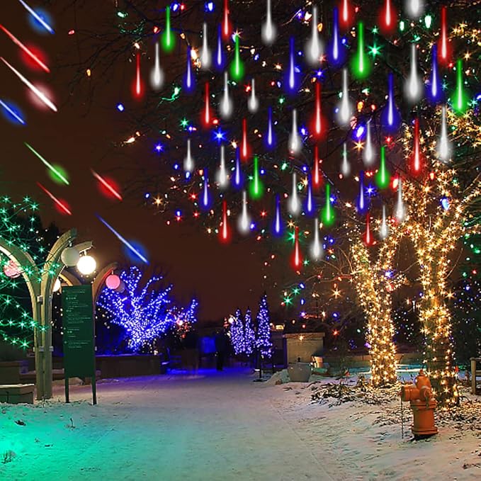 Adecorty Christmas Lights Outdoor Tree Cascading Icicle Light 8 Tubes 192LED Shooting Star Waterfall Meteor Shower Falling Rain Lights for Xmas Decorations Wedding Party New Year (Multi Color)