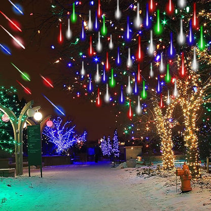 Adecorty Christmas Lights Outdoor Tree Cascading Icicle Light 8 Tubes 192LED Shooting Star Waterfall Meteor Shower Falling Rain Lights for Xmas Decorations Wedding Party New Year (Multi Color)