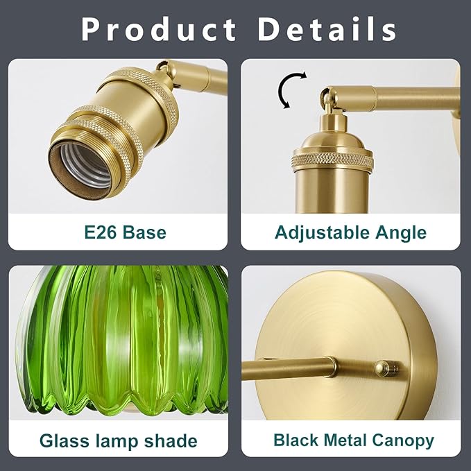 Vintage Wall Sconces with Pullswitch, 180 Degree Adjustable, Hradwired Modern Wall Lighting Fixture with Green Tulip Glass Lampshade for Bedroom Bedside Bathroom