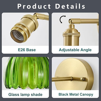 Vintage Wall Sconces with Pullswitch, 180 Degree Adjustable, Hradwired Modern Wall Lighting Fixture with Green Tulip Glass Lampshade for Bedroom Bedside Bathroom