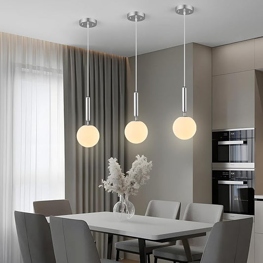 Modern Hanging Light Fixture Pendant Lighting for Kitchen Island Mid Century Chrome Pendant Lights with Globe Milky White Glass Pendant Light for Bedroom Bathroom Entryway (2 Pack)