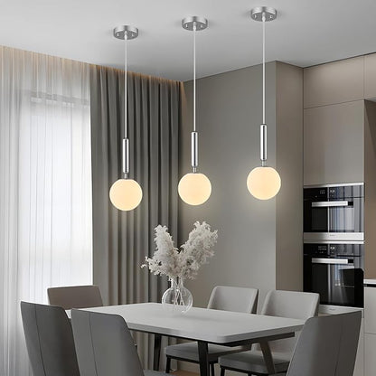 Modern Hanging Light Fixture Pendant Lighting for Kitchen Island Mid Century Chrome Pendant Lights with Globe Milky White Glass Pendant Light for Bedroom Bathroom Entryway (3 Pack)