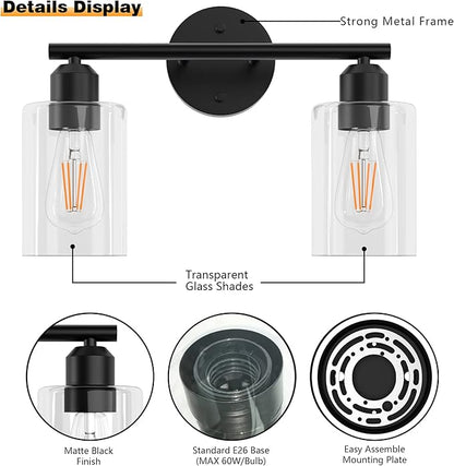 Bathroom Vanity Light Black 2 Light Rustic Bathroom Vanity Lights Over Mirror, UL Listed Modern Industrial Wall Sconces Lamp with Cylinder Glass Shade, Light Fixture for Bathroom E26 Socket