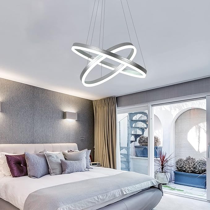2-Rings Modern LED Chandelier Silver for Dining Room, Dimmable Pendant Lighting with Remote Control Circular Flush Mount High Ceiling Light for Bedroom Living Room Foyer, 3000K-6500K