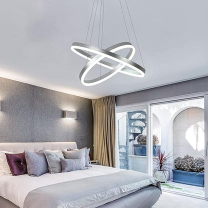 2-Rings Modern LED Chandelier Silver for Dining Room, Dimmable Pendant Lighting with Remote Control Circular Flush Mount High Ceiling Light for Bedroom Living Room Foyer, 3000K-6500K
