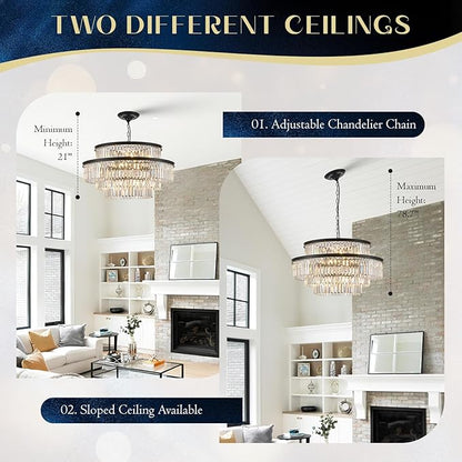 Large Black Crystal Chandeliers 20 Lights 31" Luxury 4-Tier K9 Crystal Lighting Modern Round Ceiling Pendant Light Fixture for Foyer Staircase Living Room Dining Room