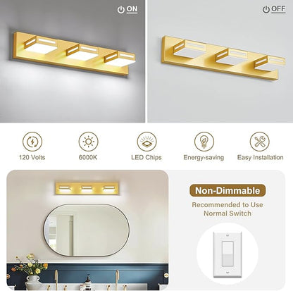 LED Modern Bathroom Light Fixtures, 3-Light 24-Inch Gold Vanity Lights for Bathroom Lighting Fixtures Over Mirror, 6000K Cool White 350° Rotatable Wall Lamp