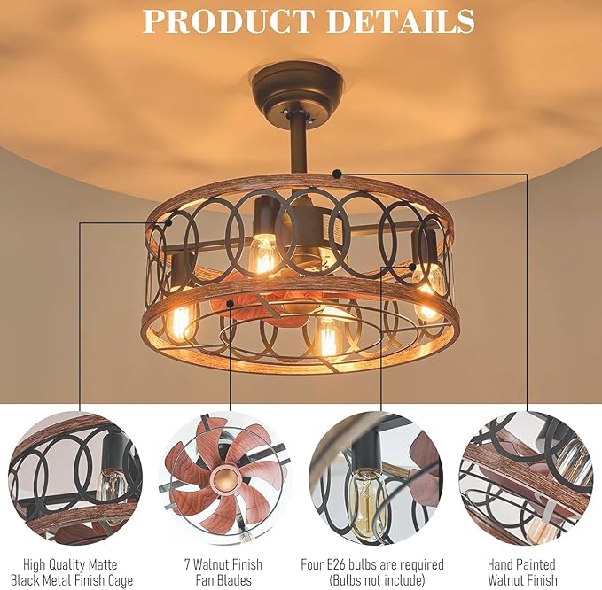 19" Industrial Caged Ceiling Fans with Light 4-Lights Farmhouse Flush Mount Fandelier Walnut Wood Metal Chandelier Fan Remote 6 Wind Speed Reversible for Bedroom Dining/Living Room Kitchen Entry